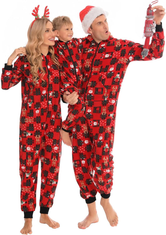 Matching Christmas One Piece Pajamas Fleece Onesie Sleepwear Hooded Zip-Up Jumpsuit with Pockets