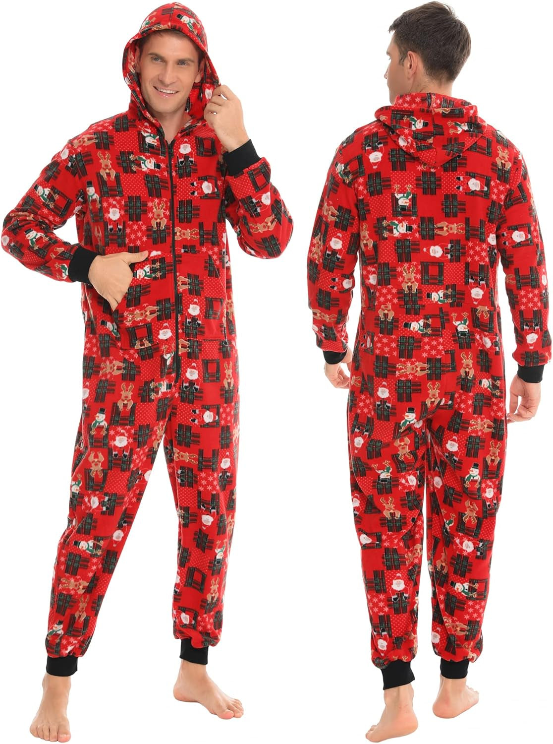 Matching Christmas One Piece Pajamas Fleece Onesie Sleepwear Hooded Zip-Up Jumpsuit with Pockets