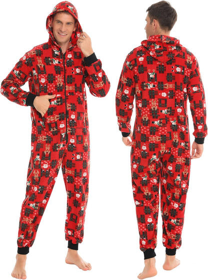Matching Christmas One Piece Pajamas Fleece Onesie Sleepwear Hooded Zip-Up Jumpsuit with Pockets