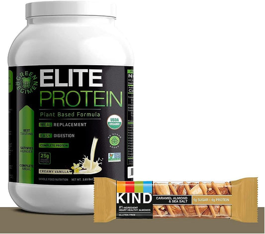 Elite Protein Powder - Vegan, Organic Plant Based Protein Powder, Pea and Hemp Protein, Muscle Recovery and Meal Replacement Protein Shake with 12 Kind Protein Bars (Vanilla - 1.24 Lbs)