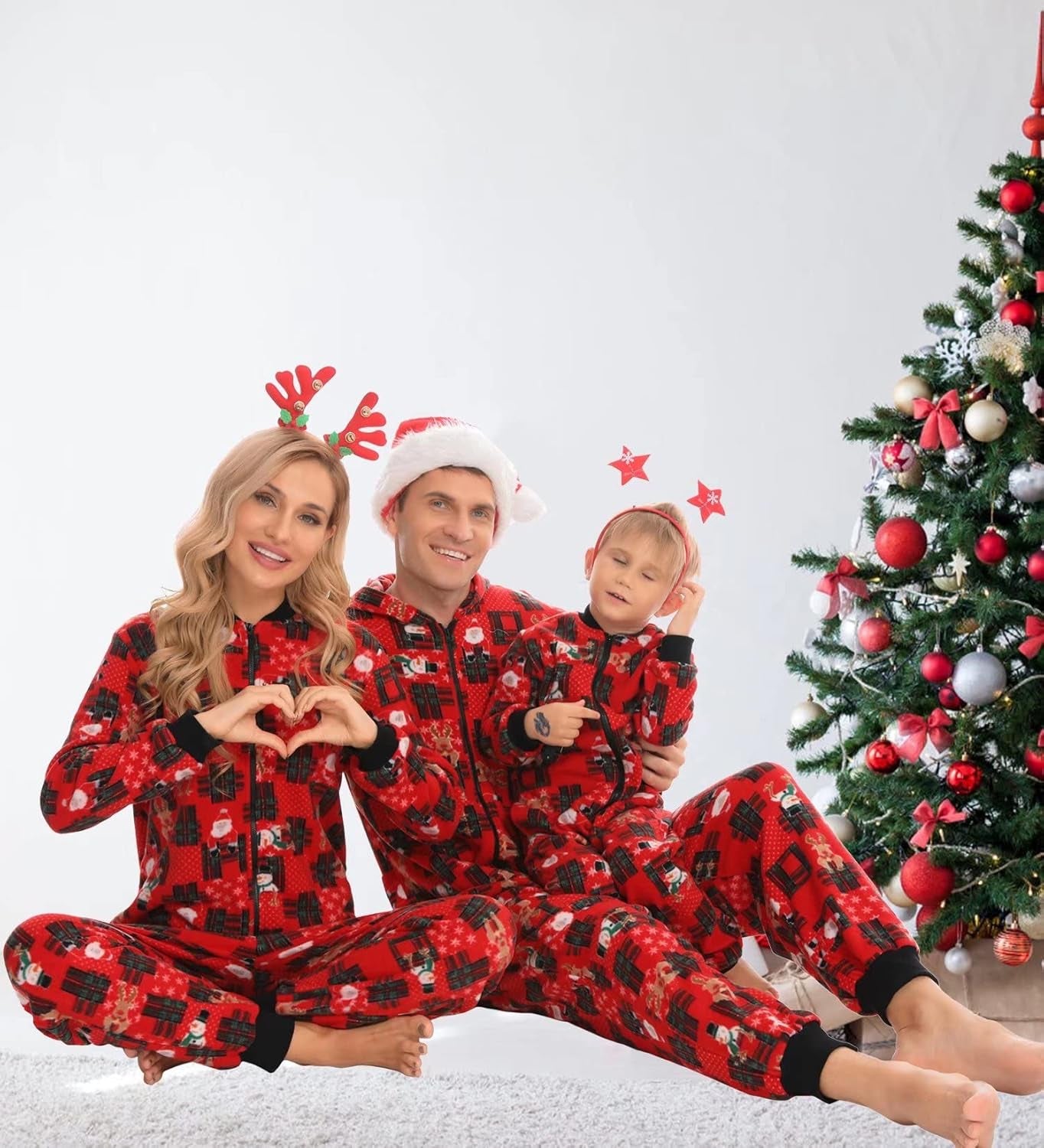 Matching Christmas One Piece Pajamas Fleece Onesie Sleepwear Hooded Zip-Up Jumpsuit with Pockets