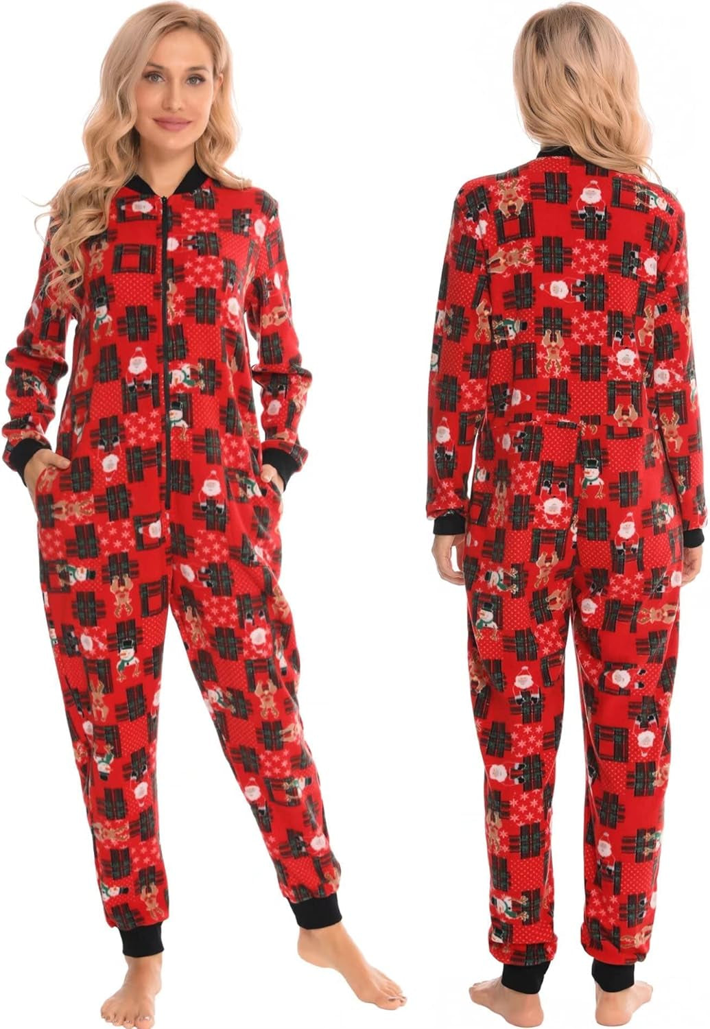 Matching Christmas One Piece Pajamas Fleece Onesie Sleepwear Hooded Zip-Up Jumpsuit with Pockets